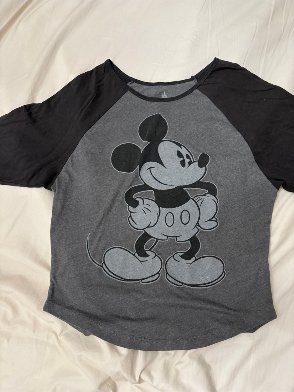 Disney Gray & Black Mickey Mouse Raglan Tee Cropped size Medium
